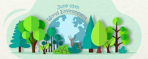 Origami and paper cut wild concept with giant global and wording of world environment day on light green background. Poster campaign of world environment day in paper cut style. vector