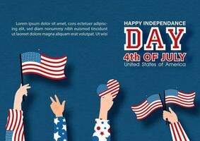 Hands and group of human holding the USA small flags with the day and name of event in paper cut style, example texts on blue paper pattern background. vector