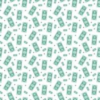 Seamless money pattern with many dollar currency signs. Green background with paper banknotes in chaotic manner. Flat hand draw style vector