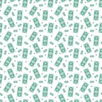 Seamless money pattern with many dollar currency signs. Green background with paper banknotes in chaotic manner. Flat hand draw style vector