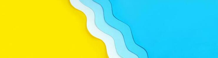 Seashore diagonal long banner with copy space. Summer holidays background with yellow beach sand and paper cut out blue waves. Relaxation on vacations. The ocean coast layout. photo