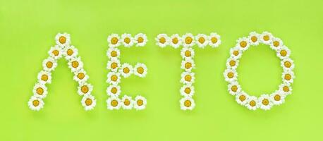 Word Summer in the Russian language, cyrillic letters made of chamomiles on bright light green background. Small white chrysanthemums look like daisies. Hello summer concept photo