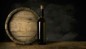 Bottle of red wine with a corkscrew. On a black wooden background. photo