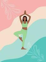 The woman is meditating. A young girl is doing yoga. Flat style illustration for yoga center, fitness, sports club or web banner or poster. Lotus position vector illustration