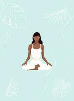 The woman is meditating. A young girl is doing yoga. Flat style illustration for yoga center, fitness, sports club or web banner or poster. Lotus position vector illustration