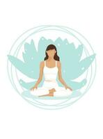 The woman is meditating. A young girl is doing yoga. Flat style illustration for yoga center, fitness, sports club or web banner or poster. Lotus position vector illustration