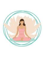 The woman is meditating. A young girl is doing yoga. Flat style illustration for yoga center, fitness, sports club or web banner or poster. Lotus position vector illustration