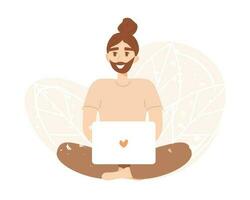 Smiling bearded man using laptop. Vector character in flat cartoon style isolated on white background. Concept of freelance, working or studying from home, online education