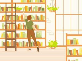 Girl choosing a book in a bookstore or library. Flat cartoon vector illustration. Female character taking book from shelf. Student or bookworm. Concept of reading and education