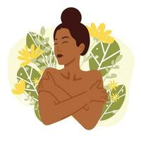 joven hermosa negro mujer abrazando sí misma. plano dibujos animados vector ilustración en floral antecedentes. mental salud, amor tú mismo, auto-aceptación y amor tu cuerpo concepto