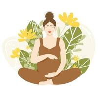 Young beautiful pregnant woman meditating in lotus pose. Flat cartoon vector illustration. Concept of prenatal yoga, healthy pregnancy and motherhood