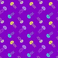 Jellyfish seamless colorful pattern.  Purple background. Vector design.
