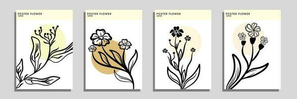 Botanical poster set flowers and branches. Modern style, pastel colors vector