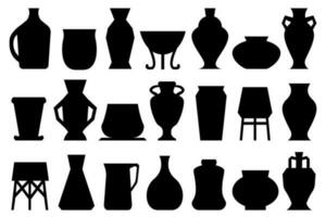 Vases vector illustrations. Pots for flowers, flat illustrations with black silhouette. Monochrome ceramic flower vases Boho style designed.