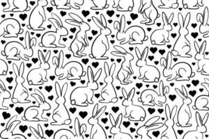 Cute and sweet pet bunnies seamless pattern. Repeating pattern with line art adorable rabbits with black thin line. vector