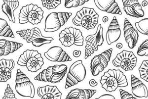 Line art seamless pattern with outline shells and mollusks. Linear illustrations with underwater creatures in black and white colors. vector