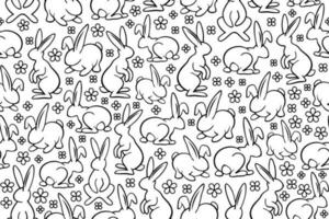 Cute and sweet pet bunnies seamless pattern. Repeating pattern with line art adorable rabbits with black thin line. vector