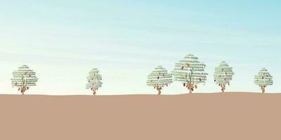 Cocoa tree landscape vector illustration with blank space. Cacao garden childish style flat design background.