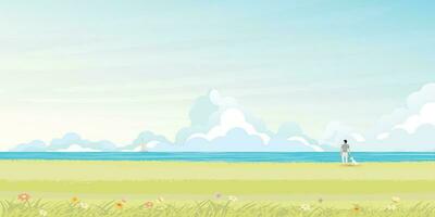 Man with his dog at seashore in summer vector illustration. Seascape and blue sky flat design background.