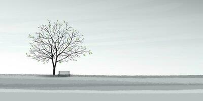 The big tree in springtime and bench with sky background black and white colors except green leaves flat design vector illustration.