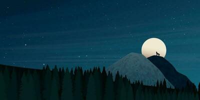 Night of mountainscape with full moon, wolf howling and pines forest vector illustration. Hiking theme background. Travel concept of discovering, exploring and observing nature.