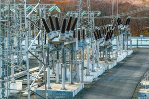 High voltage electric power substation in the open. photo