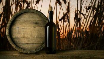 botella de rojo vino con un sacacorchos. en un negro de madera antecedentes. foto