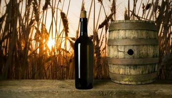 botella de rojo vino con un sacacorchos. en un negro de madera antecedentes. foto