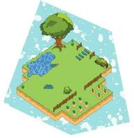 isométrica juego ubicación con árbol, lago, flores, piedras y camas con cultivado plantas. granja juego ubicación. vector