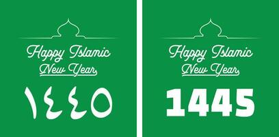 Happy Islamic New Hijri Year 1445 with Arabic number, white text with mosque silhouette isolated on green background. Minimalist Elegant Islamic New Year 1445 Hijriyah. vector