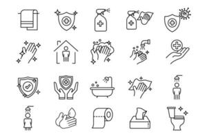 Hygiene icon set. Includes hygiene of hands, disinfection, hand washing, toilet cleaning, Cleanliness concept. Line icon style design. Simple vector design editable