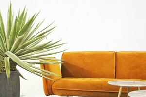 Minimalistic industrial modern stylish living room with white wall, interior with sofa, coffee table and plants. Scandinavian eco home decor concept. Neutral colors design. Copy space for text photo