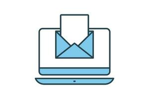 Email marketing icon. Computer laptop with open letter envelope. icon related to digital marketing. Flat line icon style design. Simple vector design editable