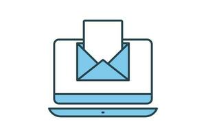 Email marketing icon. Computer laptop with open letter envelope. icon related to digital marketing. Flat line icon style design. Simple vector design editable