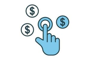 pagar por hacer clic icono. mano toque con dólar, hacer clic dinero SEO plano línea icono estilo diseño. sencillo vector diseño editable