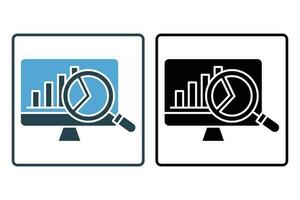 analytics data presentation icon. Computer with search and chart. icon related to digital marketing, digital analysis. Solid icon style design. Simple vector design editable