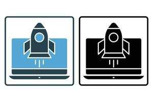 SEO icon. Rocket start up from laptop. icon related to business processes, digital marketing. Solid icon style design. Simple vector design editable