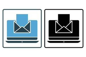 Email marketing icon. Computer laptop with open letter envelope. icon related to digital marketing. Solid icon style design. Simple vector design editable