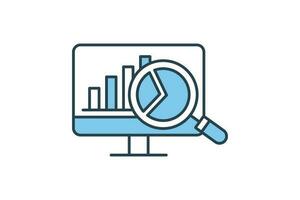 analytics data presentation icon. Computer with search and chart. icon related to digital marketing, digital analysis. Flat line icon style design. Simple vector design editable