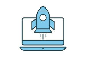 SEO icon. Rocket start up from laptop. icon related to business processes, digital marketing. Flat line icon style design. Simple vector design editable