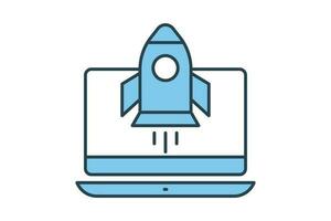 SEO icon. Rocket start up from laptop. icon related to business processes, digital marketing. Flat line icon style design. Simple vector design editable