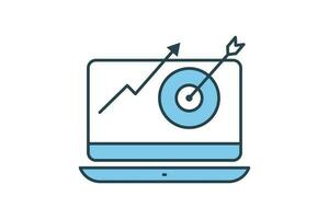 Project task management icon. laptop and target. effective time planning, icon related to target market, digital marketing. Flat line icon style design. Simple vector design editable