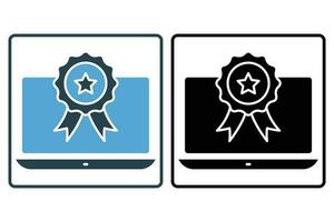 competition win icon. winner award ceremony, medal on the laptop. icon related to winner, success, victory. Solid icon style design. Simple vector design editable