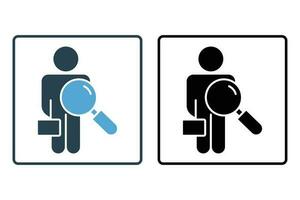 Find employee icon. Magnifying glass with man. Solid icon style design. Simple vector design editable