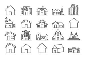 edificio conjunto icono. contiene casa icono, hogar, hospital, oficina edificio, hotel, fábrica, escuela, mezquita, Iglesia y más. línea icono estilo diseño. sencillo vector diseño editable