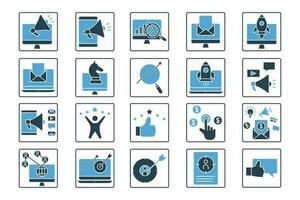 Digital marketing set icon. Contains analyst icons, email marketing, seo, marketing strategy, social marketing, feed back and others. Solid icon style design. Simple vector design editable