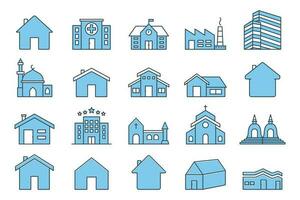 edificio conjunto icono. contiene casa icono, hogar, hospital, oficina edificio, hotel, fábrica, escuela, mezquita, Iglesia y más. plano línea icono estilo diseño. sencillo vector diseño editable