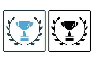 Champions cup icon with laurel wreath. icon related to celebration, winner, success, reward. Solid icon style design. Simple vector design editable