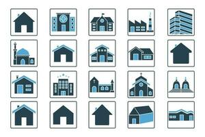 Building set icon. Contains House icon, home, hospital, office building, hotel, factory, school, mosque, church and more. Solid icon style design. Simple vector design editable