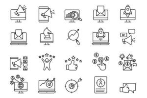 Digital marketing set icon. Contains analyst icons, email marketing, seo, marketing strategy, social marketing, feed back and others. Line icon style design. Simple vector design editable